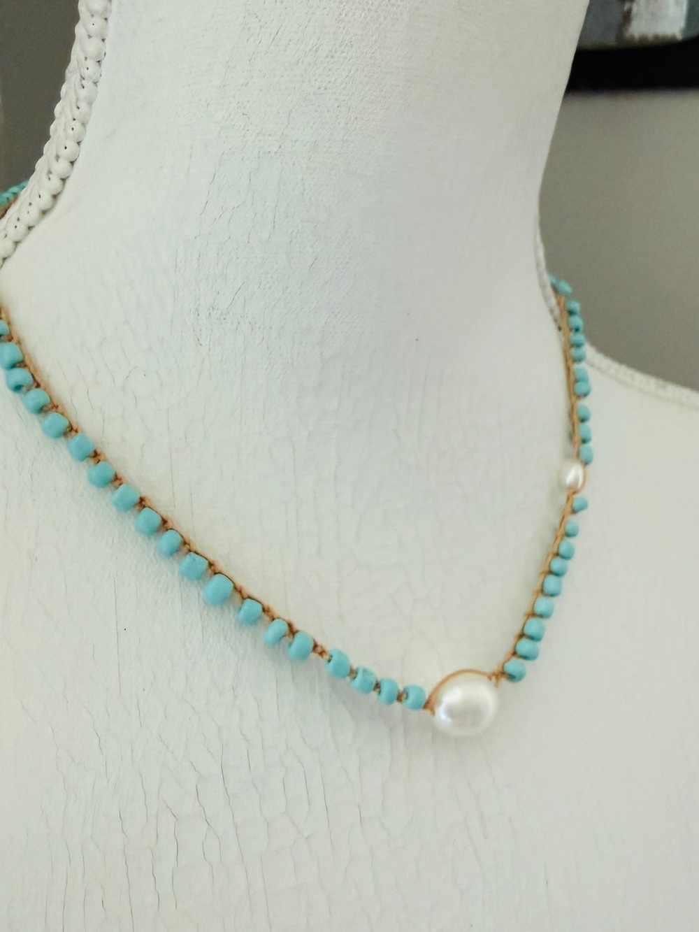 Crochet Turquoise Bead and Pearl Accent Women's Necklace - Picture 3 of 4
